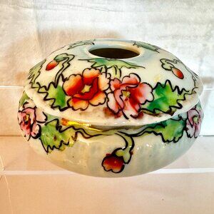 Nippon Japan Porcelain Hair Receiver Hand Painted Dresser Box w/Poppy Motif Gold